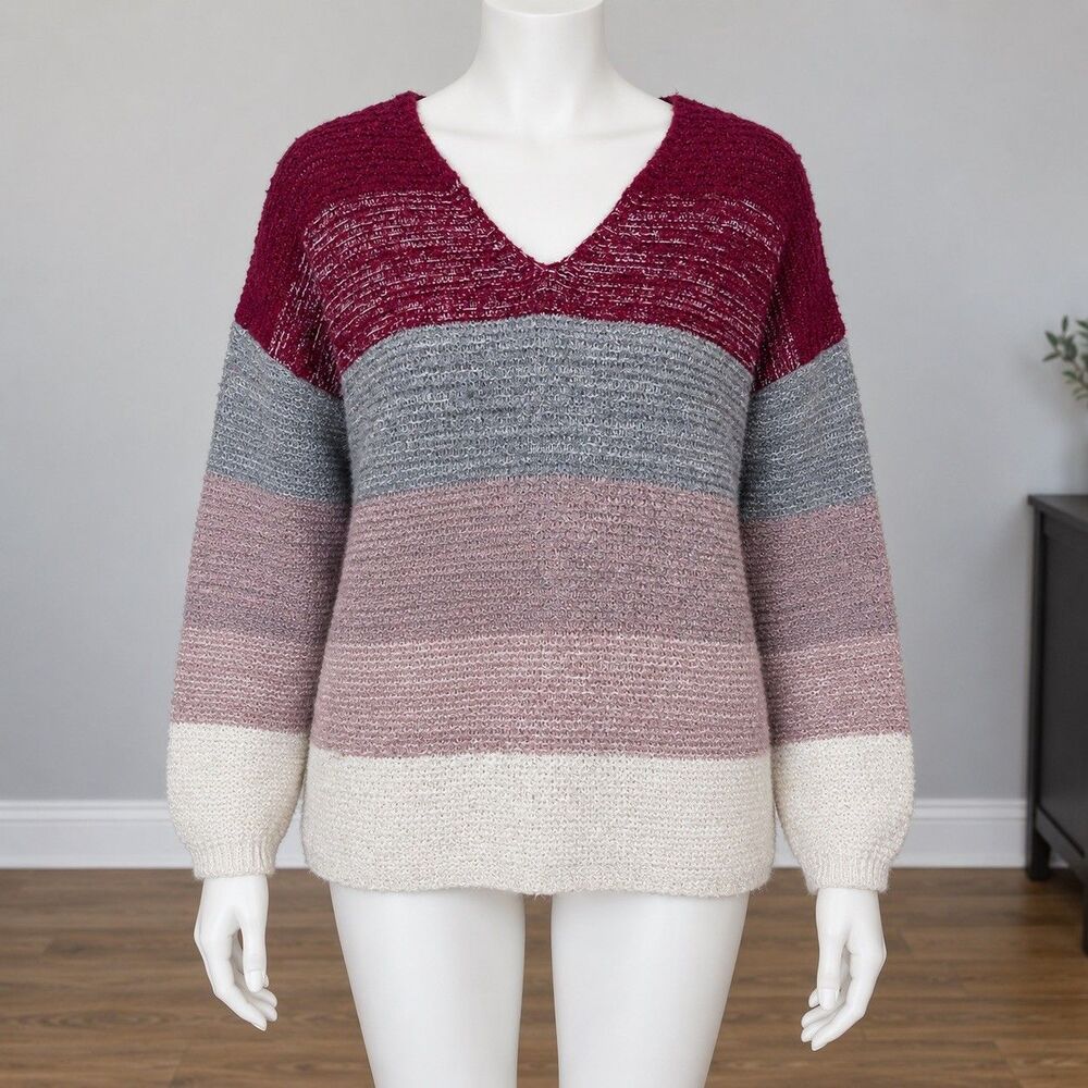 Knox Rose Womens Pullover Sweater Size XXL Red Pink Stripe V-Neck Long Sleeve